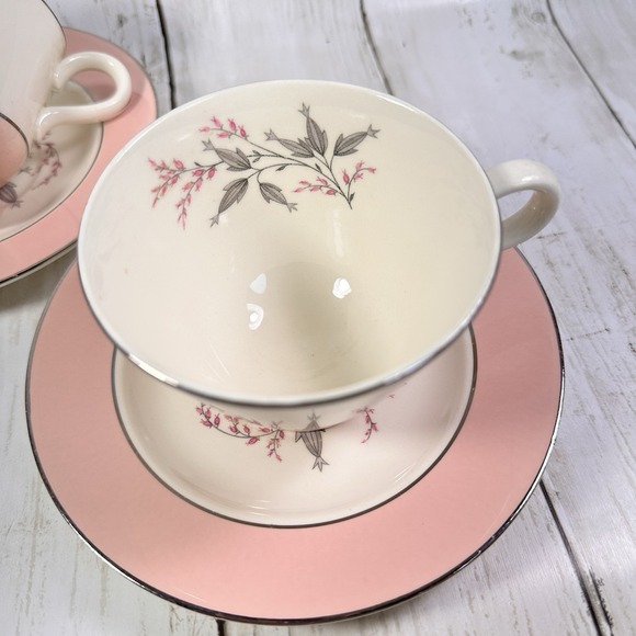 Set of 2‎ Homer Laughlin Vtg Egg Shell China Cavalier w Pink Rim Cups & Saucers - Picture 8 of 12